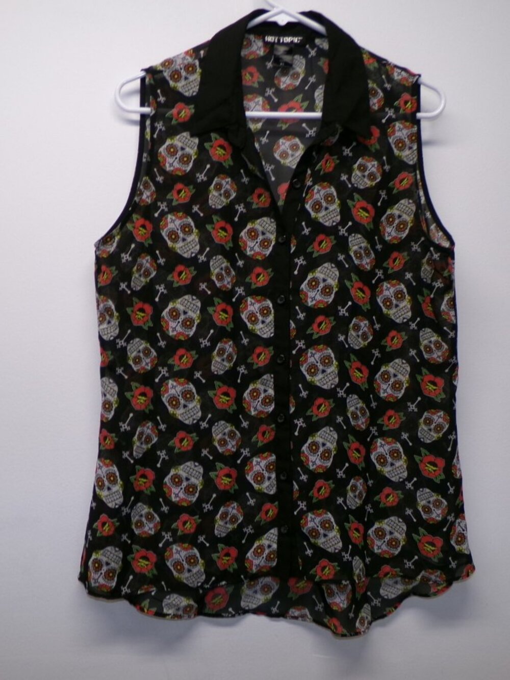 Hot Topic Sugar Skull Dia De Los Muertos Rose Sleeveless Sheer Shirt Top sz XL